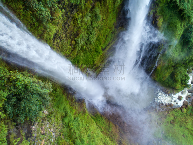 瀑布,自然美,水,水平画幅,户外,泰国,雨林,植物,山,河流