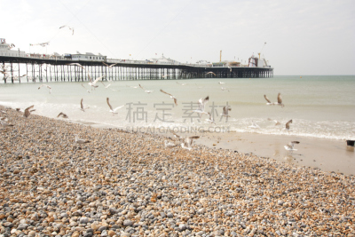 英格兰,英国,布莱顿海滩,布赖顿,拱廊,水,天空,留白,度假胜地,水平画幅