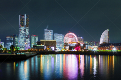 横滨,夜晚,城市天际线,留白,水平画幅,建筑,无人,日本,曙暮光,黄昏