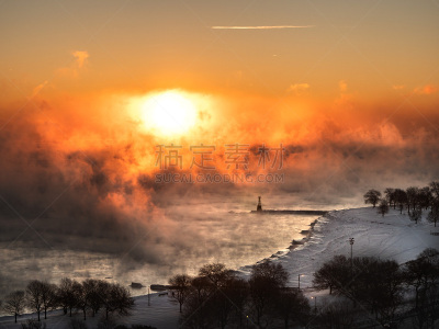 温度,冬天,蒸汽,密歇根湖,雪,极地漩涡,海滩,航拍视角,日出,摄影