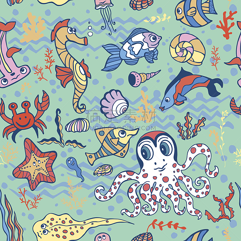 四方连续纹样,乱画,海洋生命,卡通,幽默,鱼类,海马,可爱的,深的,纺织品