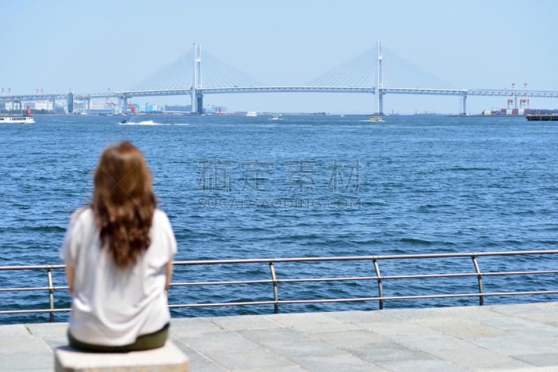 天空,女人,船,海洋,桥,看,海湾大桥,横滨,城镇景观,水