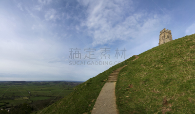 格拉斯顿伯里石山,萨默塞特,纪念碑,留白,灵性,水平画幅,山,无人,古老的