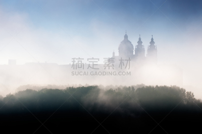 修道院,雾,早晨,水平画幅,圆顶建筑,地形,秋天,无人,巴洛克风格,剪影