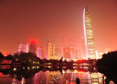 深圳,夜晚,深圳京基100,水,天空,公园,水平画幅,无人,户外,湖