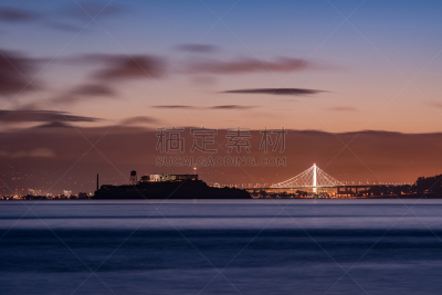 恶魔岛,海湾大桥,美国,水平画幅,无人,早晨,运动模糊,加利福尼亚,海洋,滨水