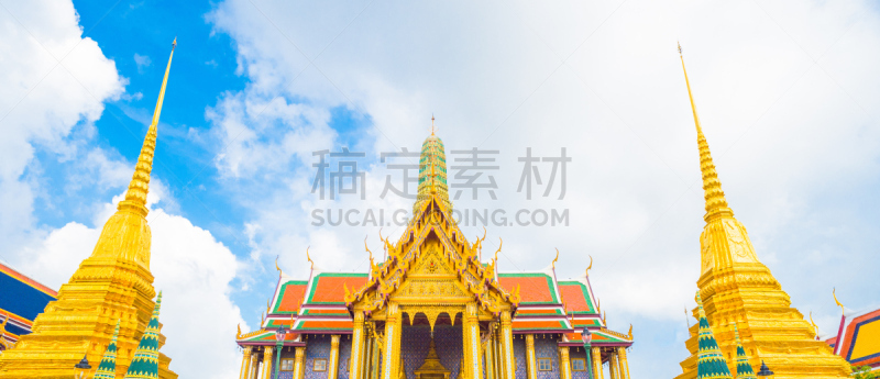 曼谷,玉佛寺,普拉考乌敦陶佛寺,寺庙殿堂,小乘佛教,金叶,留白,水平画幅,无人,户外