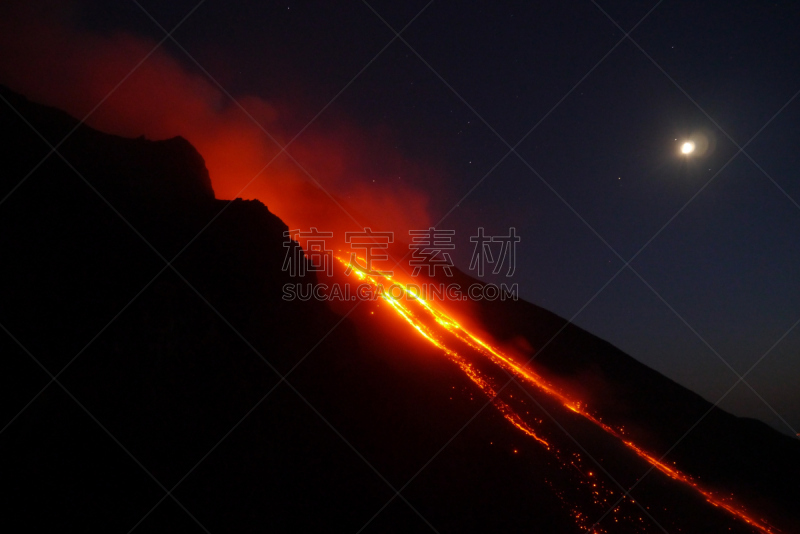 熔岩,斯托伦波里岛,斯特隆博利岛火山,渣块熔岩,天空,水平画幅,夜晚,无人,月亮,户外