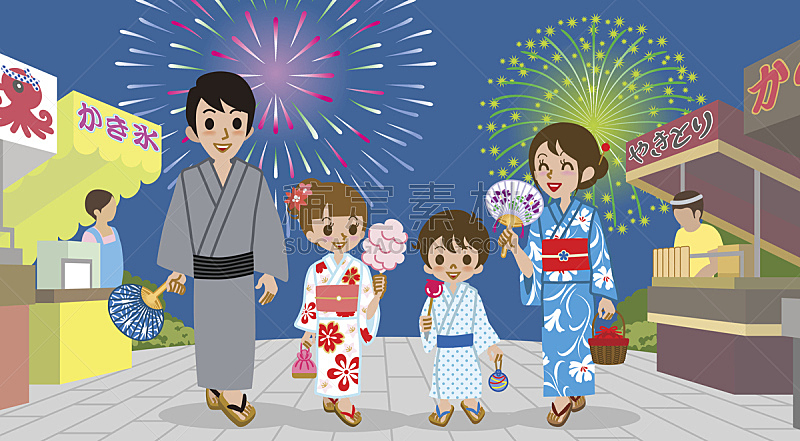 家庭,日本人,放焰火,棉花糖,夜市,便装和服,快餐车,和服,仅日本人