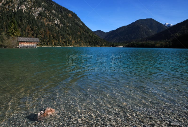 奥地利,北提洛尔,水,天空,美,水平画幅,小木屋,无人,夏天,海岸地形