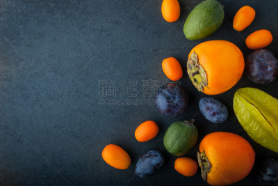 桌子,水果,暗色,多样,凤梨番石榴,杨桃,金橘,柿子树,水平画幅,素食