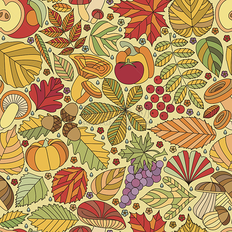 叶子,蘑菇,蔬菜,四方连续纹样,灰树,箭木,栗树,柳树,橡树果,线条
