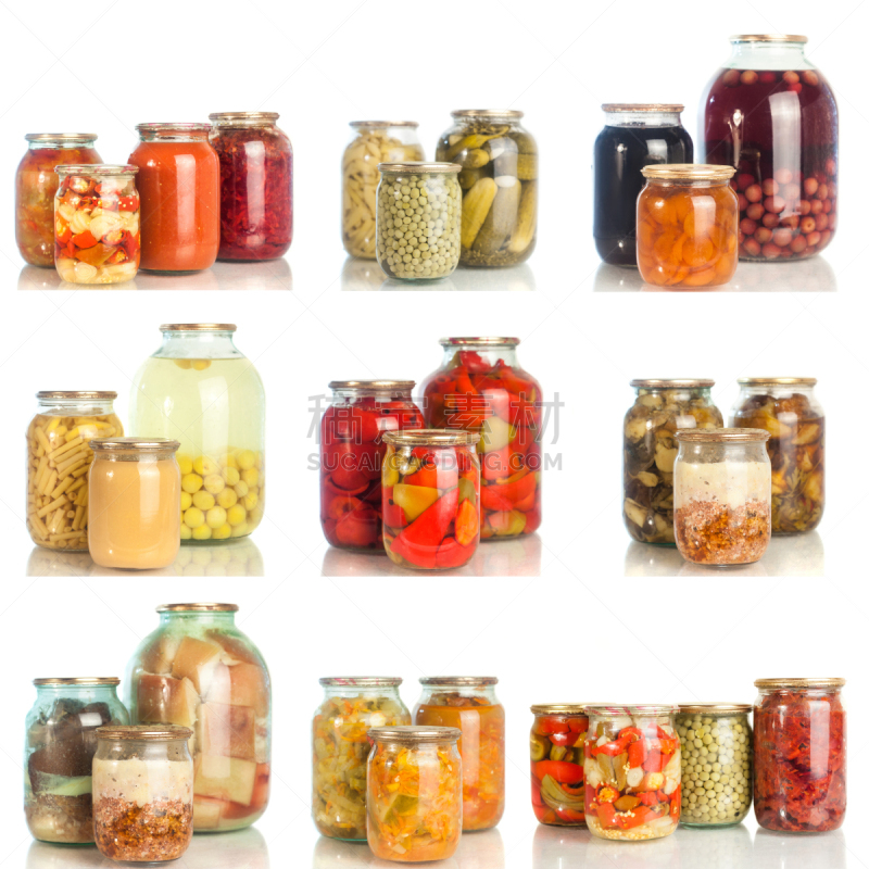 蔬菜,盐渍食品,广口瓶,分离着色,白色背景,传统,莴苣,多样,醋,食品