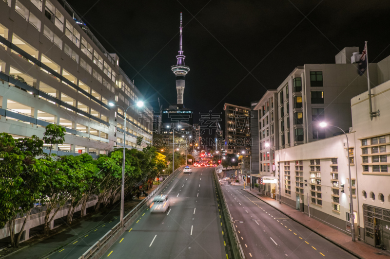 夜晚,奥克兰,都市风景,街道,新西兰,高架桥港,水平画幅,天空塔,无人,市区路