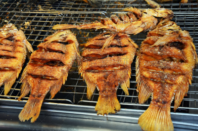 罗非鱼,炸制食物,鱼肉,格子烤肉,精神振作,肉,热,清新,泰国食品,膳食