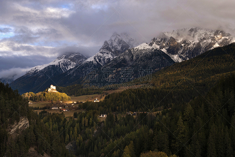 瑞士,城堡,水平画幅,秋天,雪,阿尔卑斯山脉,无人,格劳宝登州,恩佳迪纳,户外