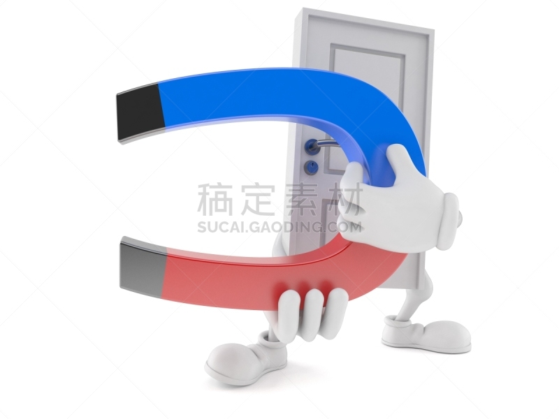 性格,马蹄形磁铁,门,拿着,门口,水平画幅,磁铁,白色背景,背景分离,卡通