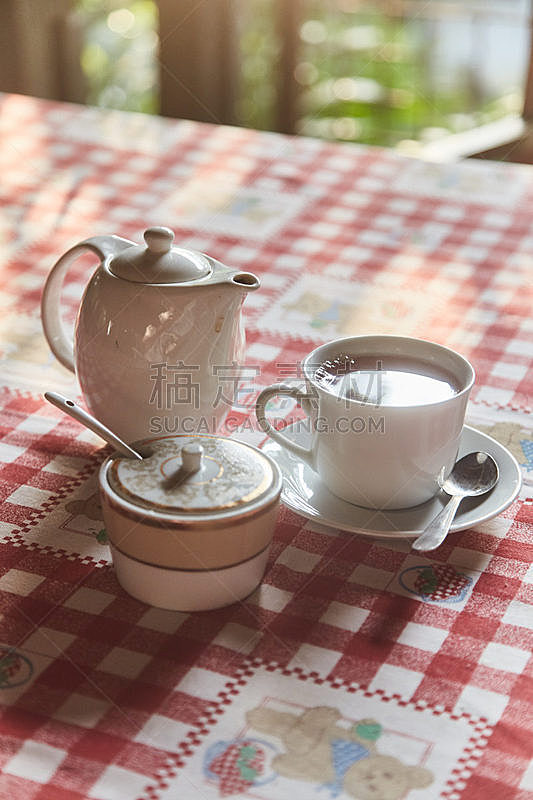 杯,茶壶,桌子,红茶,清新,茶杯,蒸汽,热,柔和,点燃