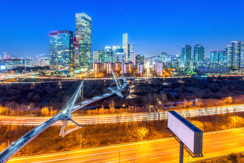 夜晚,韩国,首尔,城市天际线,居住区,水平画幅,户外,光,都市风景,现代