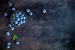 蓝莓,碗,暗色,留白,饮食,水平画幅,无人,蓝色,浆果,正上方视角