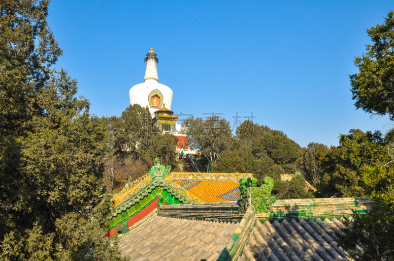 屋顶,寺庙,都市风景,高视角,白塔,纪念碑,天空,公园,水平画幅,山