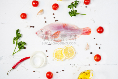 白色,木制,罗非鱼,背景,清新,水平画幅,无人,椒类食物,生食,海产