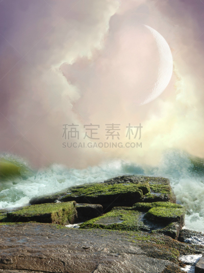 幻想,地形,垂直画幅,天空,美,月亮,苔藓,户外,明亮,石头
