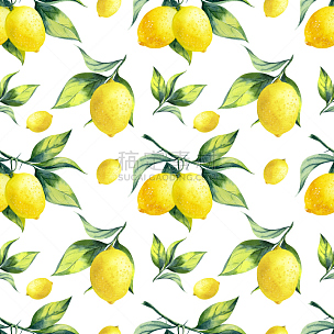 Watercolor seamless lemon pattern on white background.