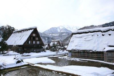 乡村,白川乡,小屋,水平画幅,雪,瀑布,茅屋屋顶,无人,运河,户外