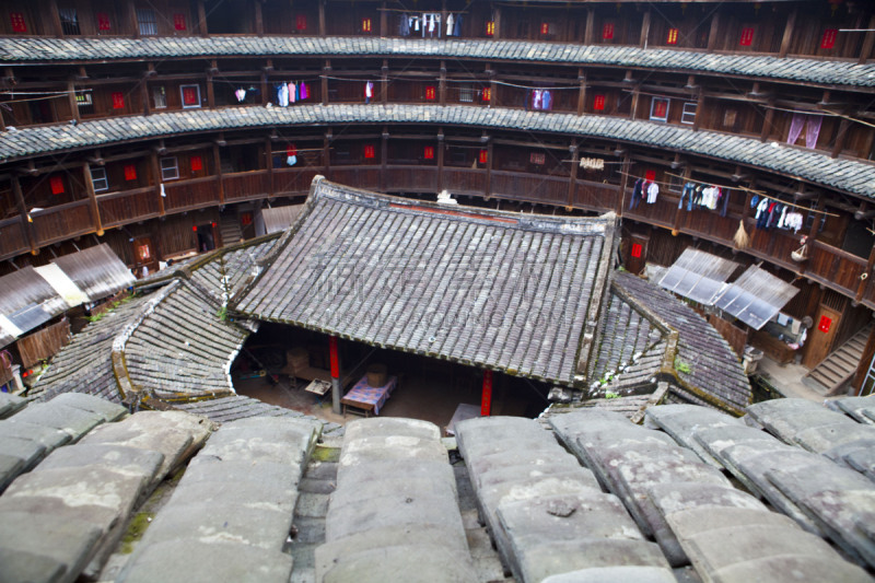 土楼,福建省,蒂卢,乡村,客家族,小屋,水平画幅,无人,古老的,巨大的