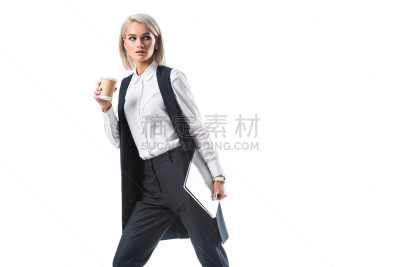 笔记本电脑,青年人,女商人,咖啡,铸锭,白色,分离着色,美,留白,芳香的