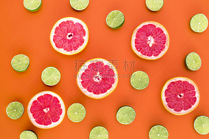 酸橙,绿色,红宝石葡萄柚,背景,一半的,橙色背景,圆形,式样,水平画幅,水果