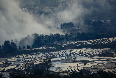 中国,稻,梯田,云南省,元阳,哈尼族,灌溉设备,自然,水平画幅,地形