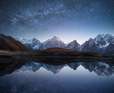 星系,夜晚,湖,山,地形,水,天空,星星,无人,太空
