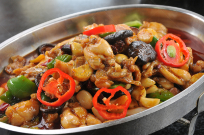 牛蛙,炖食,味精,水平画幅,绿色,青蛙,椒类食物,蛋白质,肉,红色