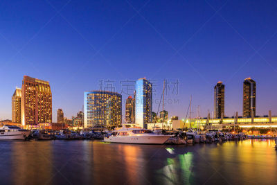 滨海湾 ,都市风景,加利福尼亚,圣地亚哥,布希曼族,水平画幅,夜晚,无人,海港,夏天