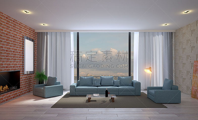 沙发,窗户,三维图形,巨大的,蓝色,绘画艺术品,砖墙,空白的,背景,住宅房间