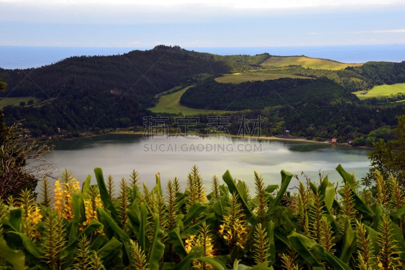 火山湖,亚速尔群岛,山谷市,植物,水平画幅,地形,弗纳斯山谷,无人,大西洋群岛,户外