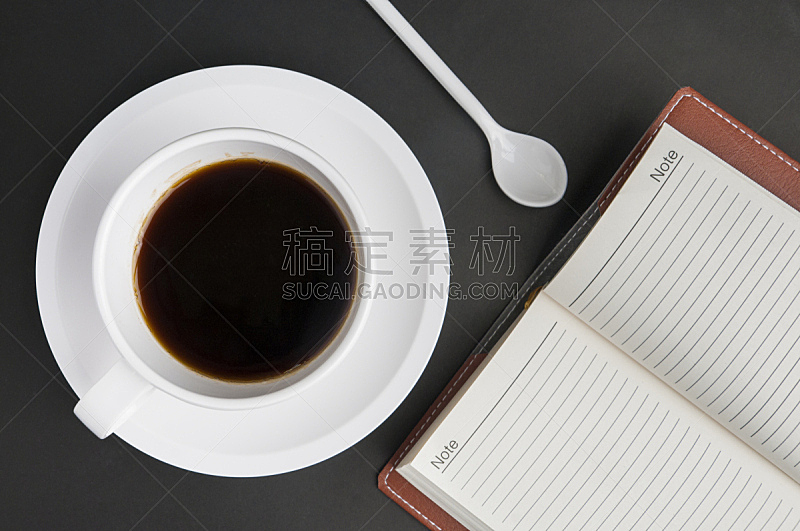 笔记本,咖啡杯,黑色背景,白色,空白的,水平画幅,茶碟,组物体,文档,日记