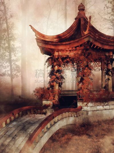 秋天,亭台楼阁,有蔓植物,垂直画幅,草地,地形,无人,绘画插图,日本,波兰