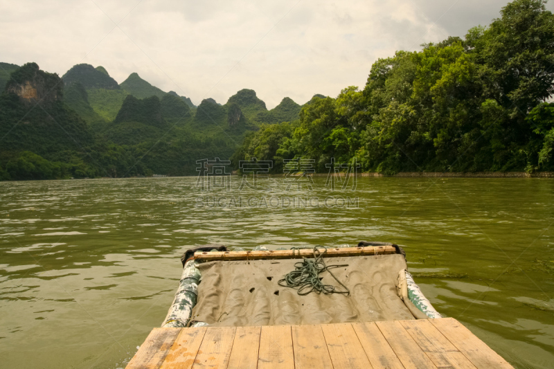 漓江,竹,中国,木筏,海上航道,水,天空,水平画幅,山,无人