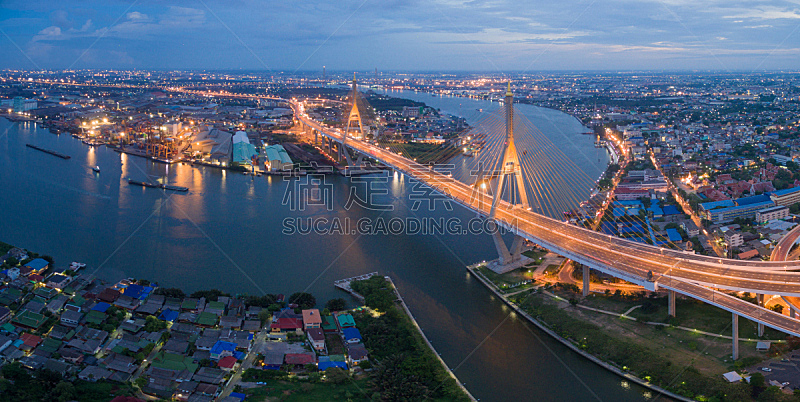 河流,吊桥,城市,曼谷,水,天空,水平画幅,夜晚,交通,曙暮光