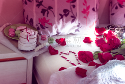 红色,玫瑰,床,早餐,床上用品,凌乱,乡村风格,情人节,圣诞小彩灯,姜饼人