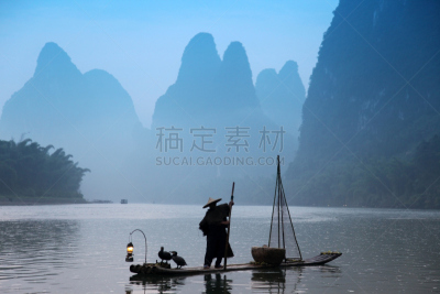 鸟类,阳朔,鸬鹚,水平画幅,木制,户外,船,广西壮族自治区,渔夫,山