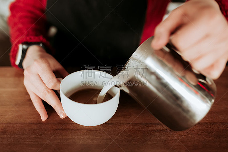 白色,咖啡师,热,杯,卡布奇诺咖啡,玻璃杯,泡沫材料,咖啡,做,准备