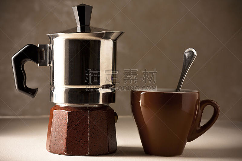 咖啡壶,褐色,杯,留白,水平画幅,无人,茶匙,咖啡,黑色,两个物体