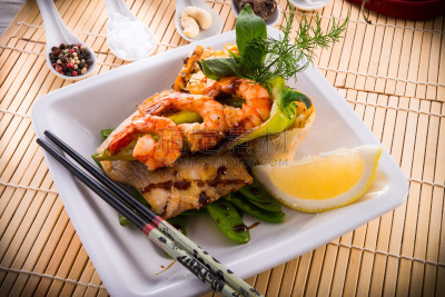 鱼类,蔬菜,虾,餐具,留白,胡瓜,水平画幅,素食,贻贝,开胃品