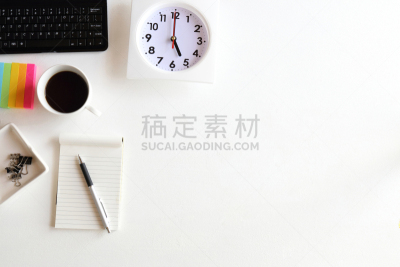 商务,图像,留白,水平画幅,高视角,无人,白色背景,便签,计算机键盘,钟