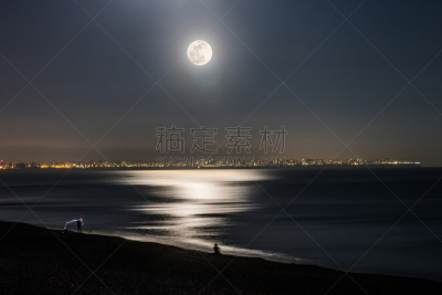 2018,超级蓝血月亮,水,天空,月全食,水平画幅,沙子,夜晚,月亮,日月食