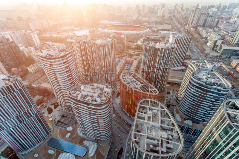 三里屯,北京,拥挤的房子,天空,水平画幅,高视角,无人,户外,都市风景,现代